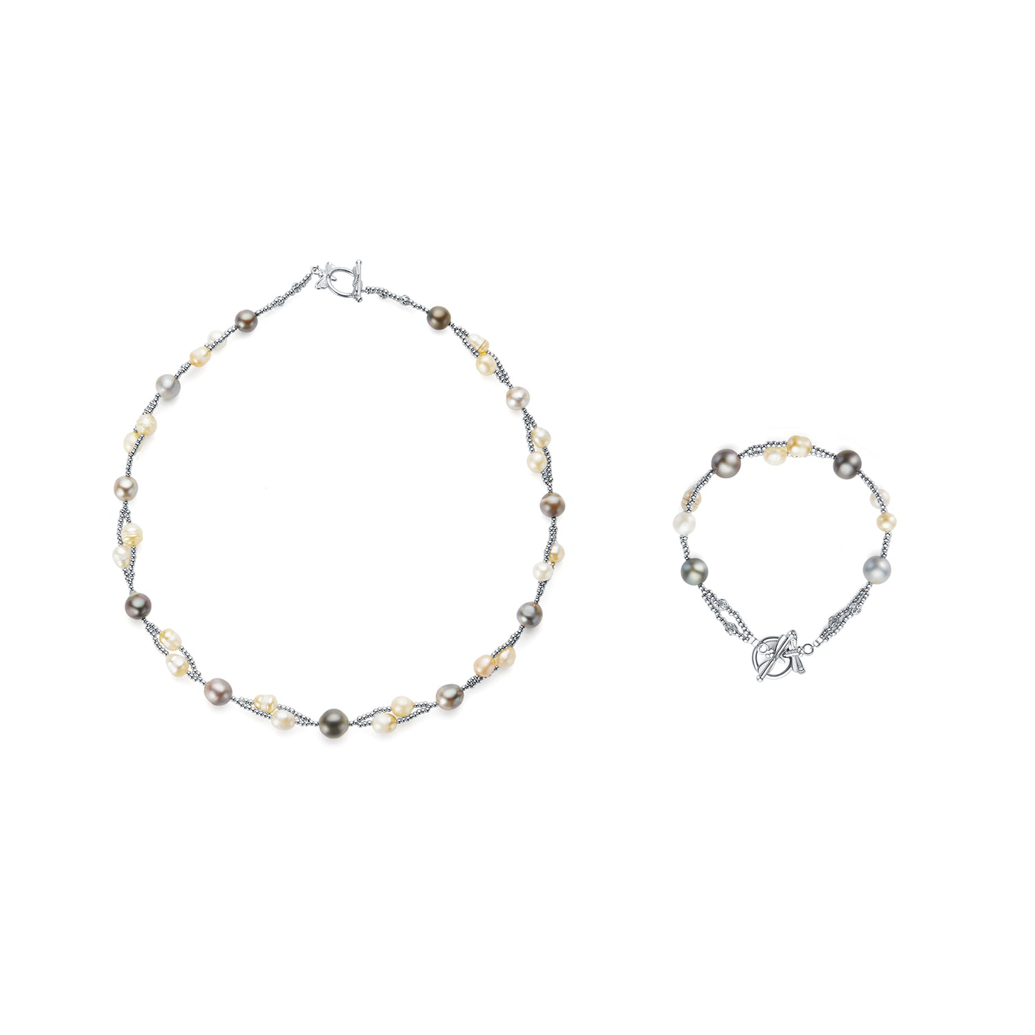 Necklace and bracelet set with pearls and silver accents on a white background
