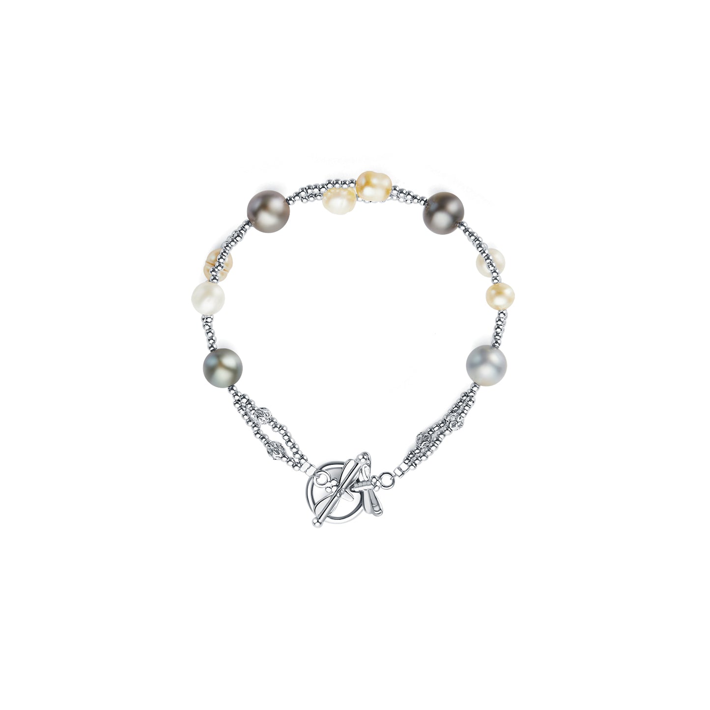 Pearl bracelet with silver chain and charm on a white background