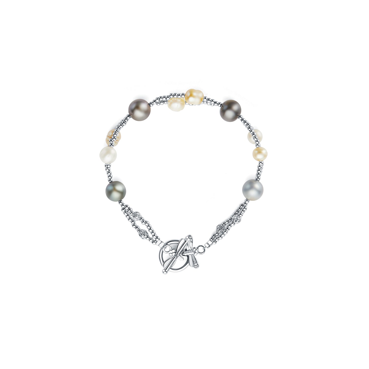 Pearl bracelet with silver chain and charm on a white background