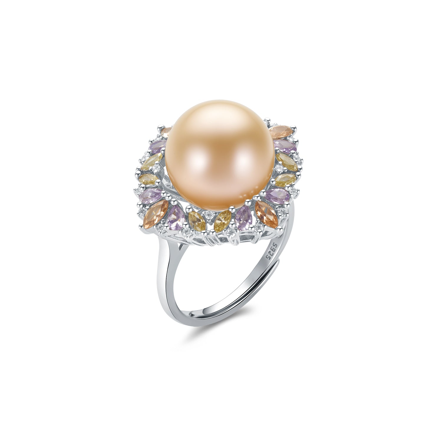 Gold pearl ring with colorful gemstones on a white background