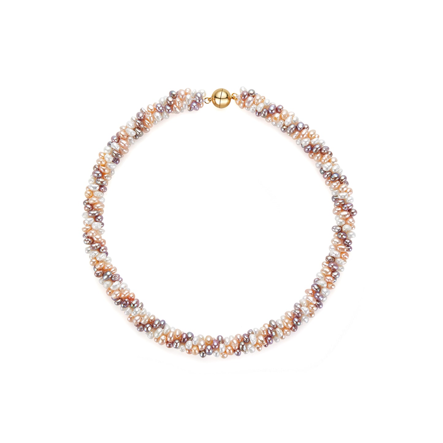 Multicolored pearl necklace with magnetic clasp on a white background