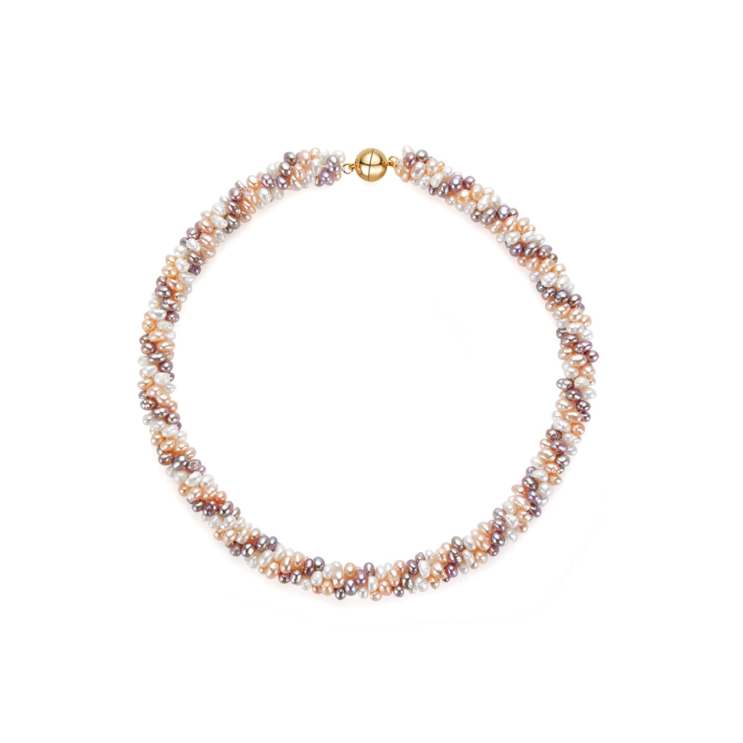 Multicolored pearl necklace with magnetic clasp on a white background
