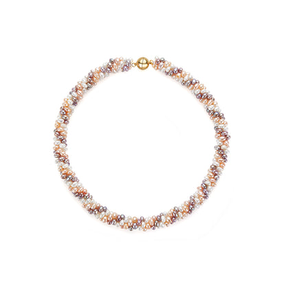 Multicolored pearl necklace with magnetic clasp on a white background