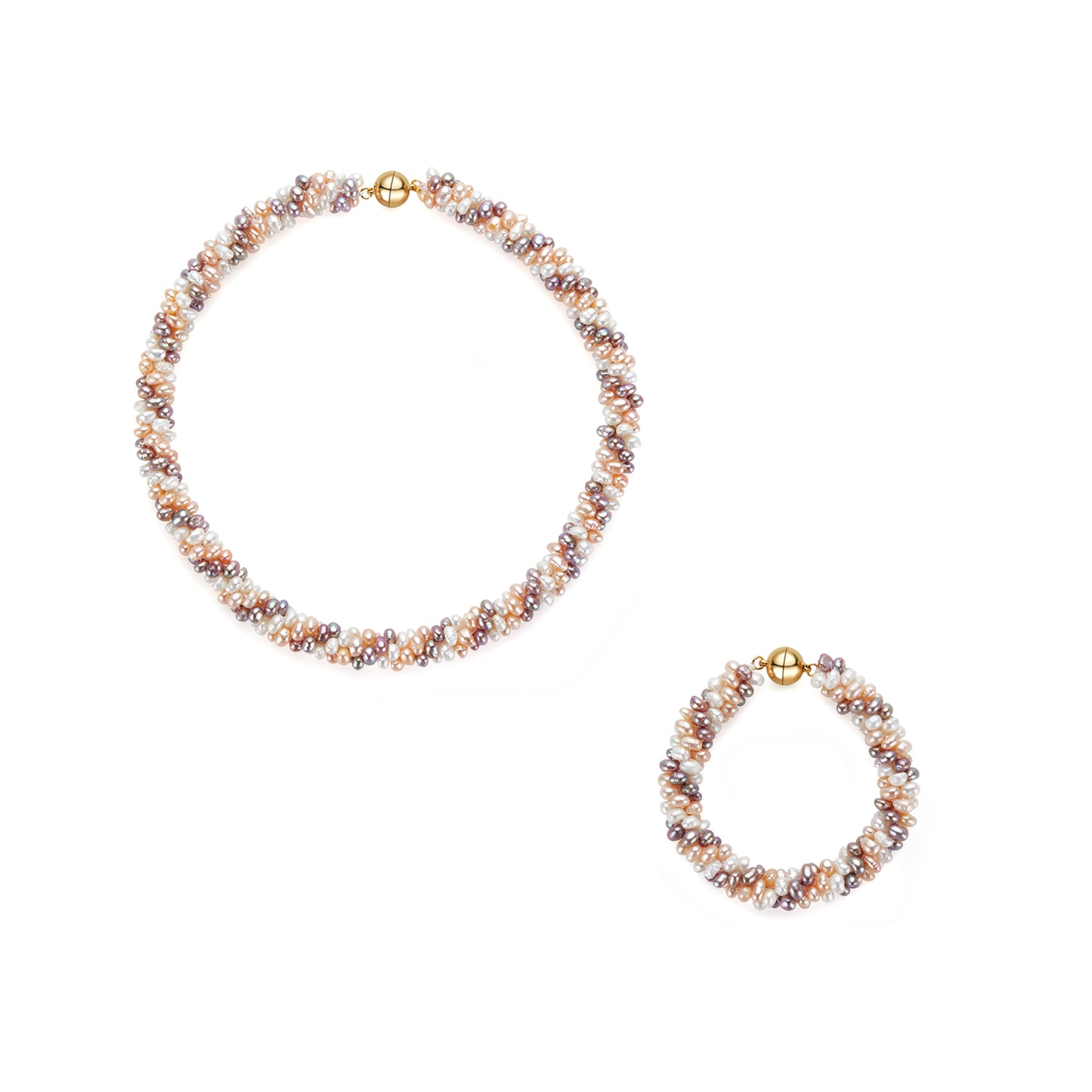 Pearl necklace and bracelet set on a white background