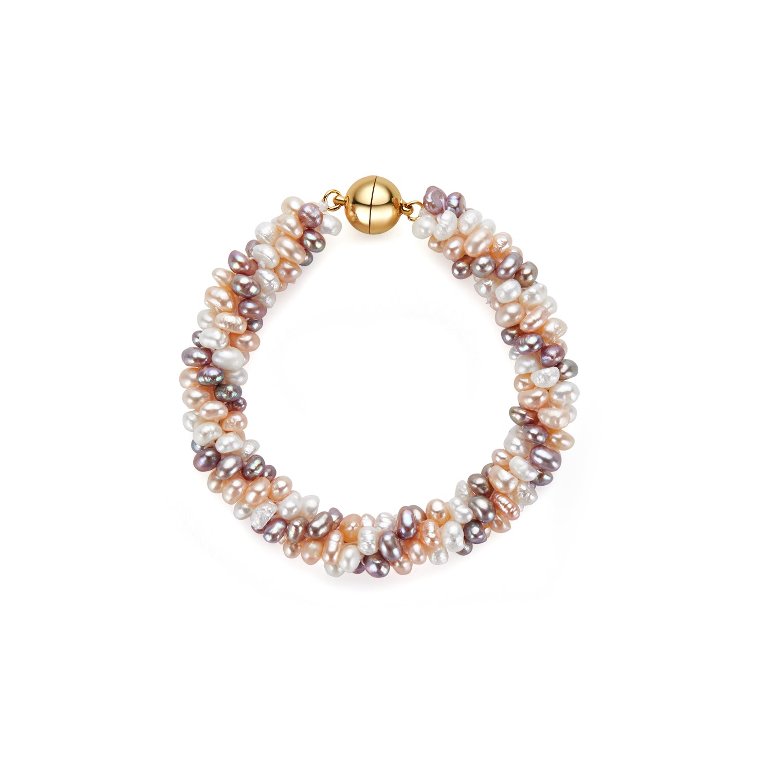 Multicolored pearl bracelet with a gold clasp on a white background