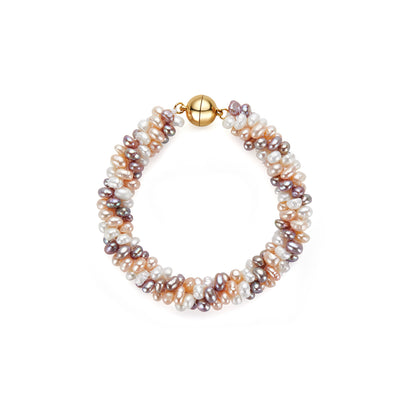 Multicolored pearl bracelet with a gold clasp on a white background