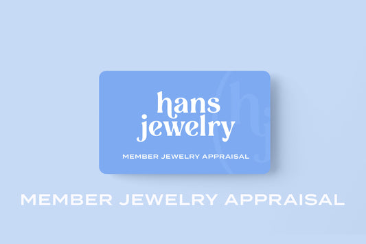 Blue card with 'hans jewelry' and 'Member Jewelry Appraisal' text on a light blue background