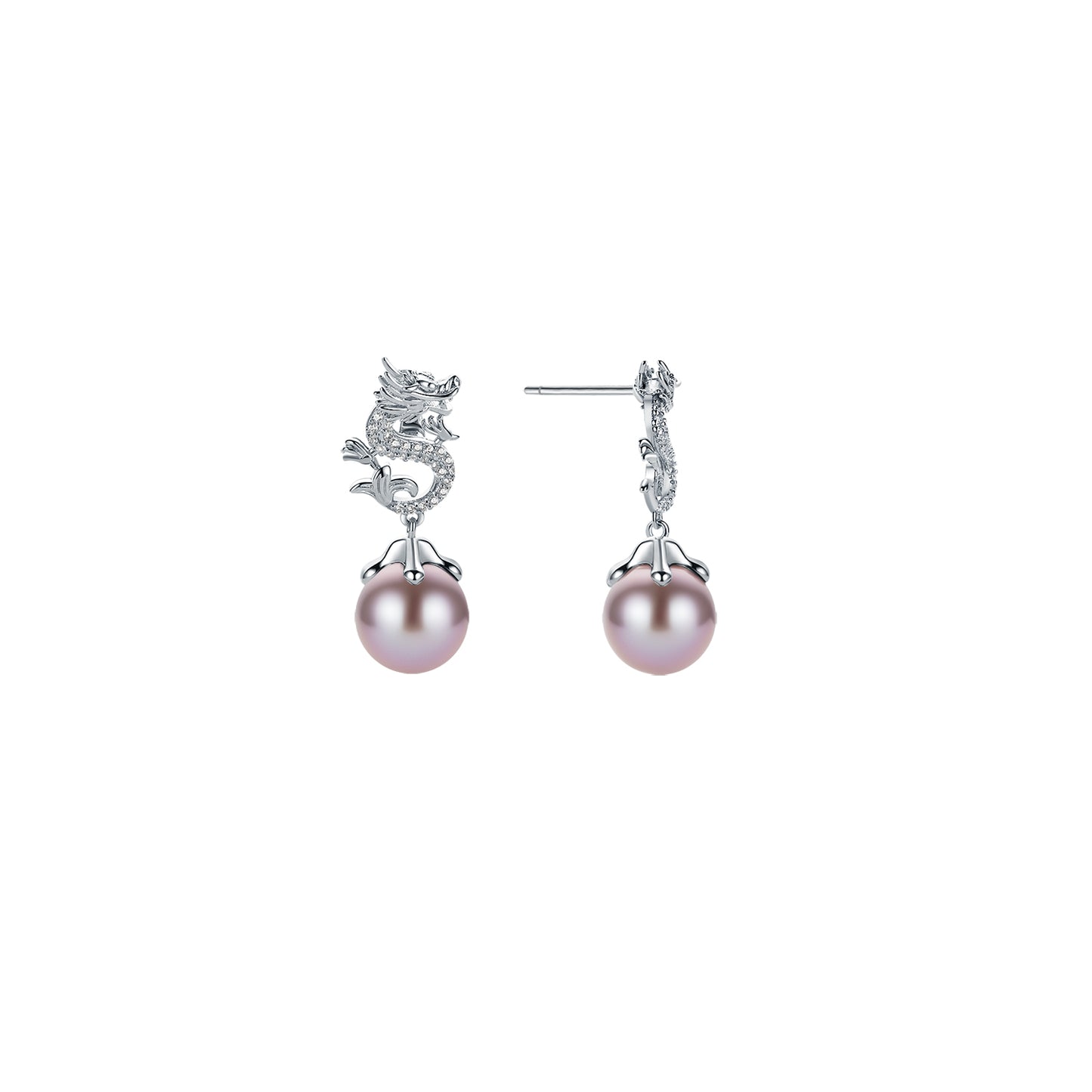 Pair of dragon design purple pearl earrings with silver fixtures on a white background