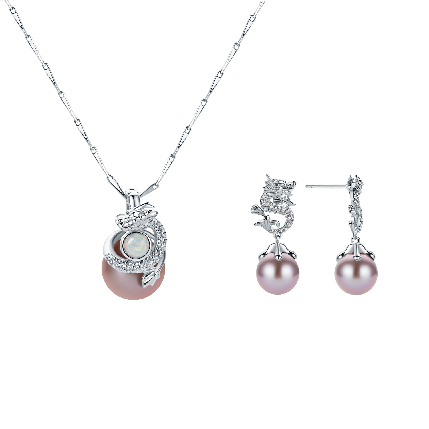 Pearl dragon design necklace and earrings set on a white background