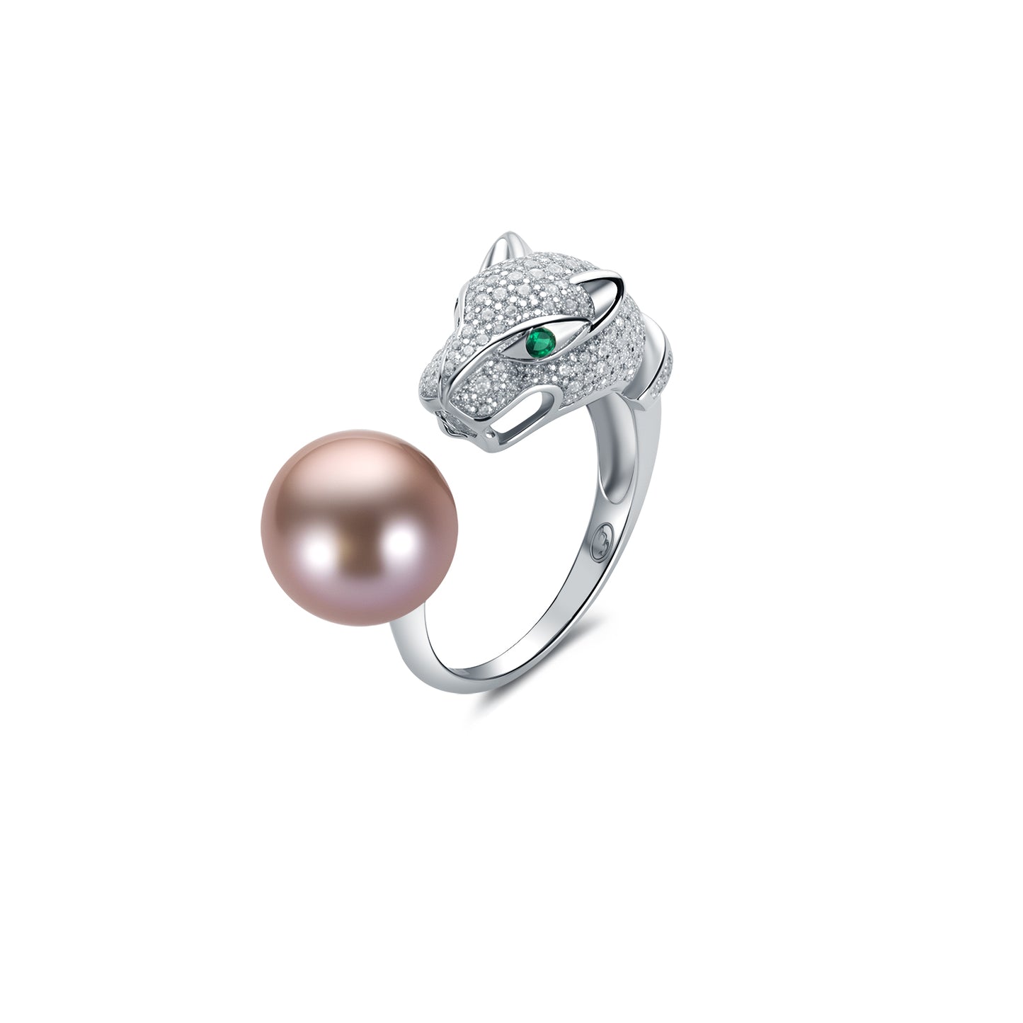 Silver ring with a purple pearl and Leopard green gemstone on a white background