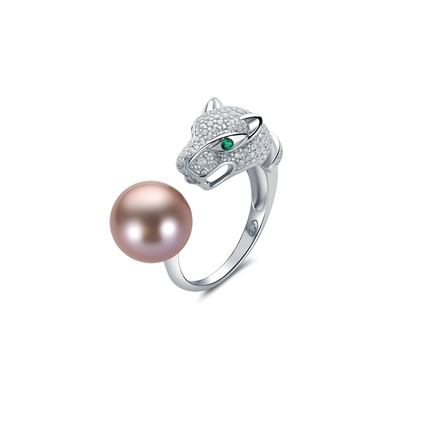 Silver ring with a purple pearl and Leopard green gemstone on a white background