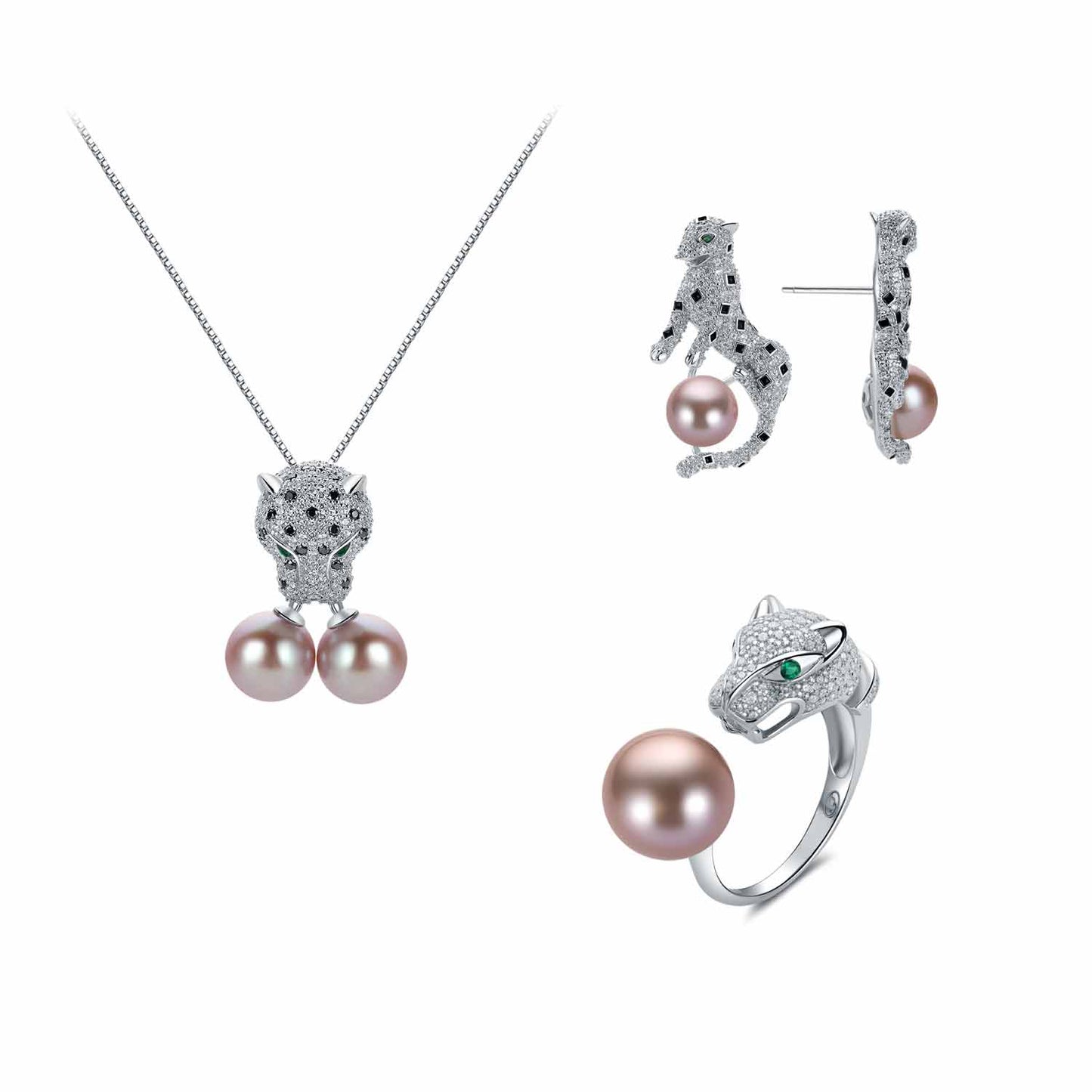 Jewelry set with necklace, earrings, and ring featuring purple pearls and leopard accents on a white background.