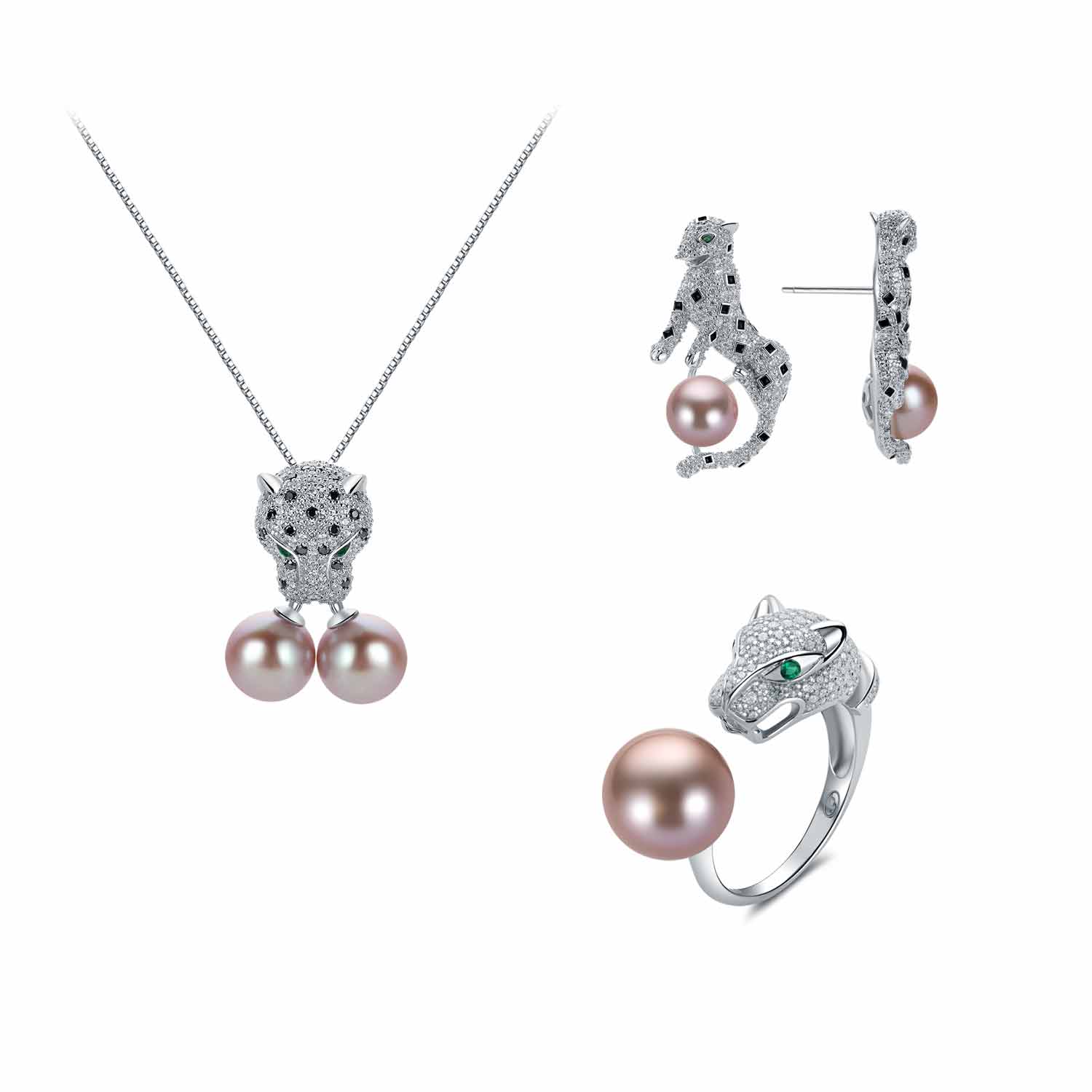 Jewelry set with necklace, earrings, and ring featuring purple pearls and leopard accents on a white background.