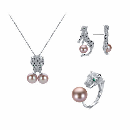 Jewelry set with necklace, earrings, and ring featuring purple pearls and leopard accents on a white background.
