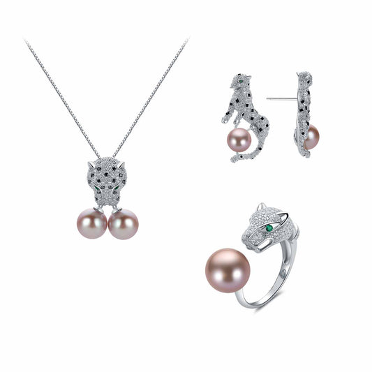 Jewelry set with necklace, earrings, and ring featuring purple pearls and leopard accents on a white background.