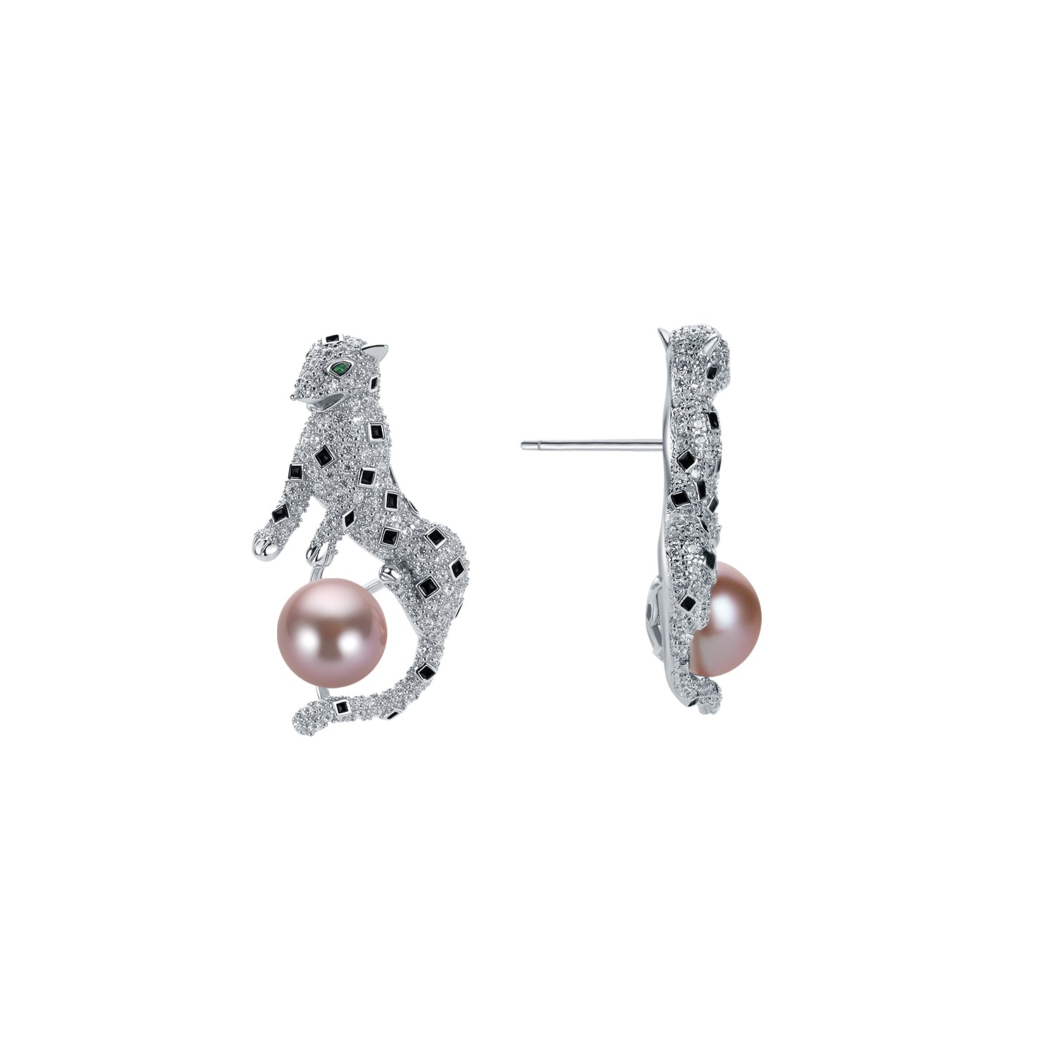 Pair of earrings with leopard design and purple pearls on a white background