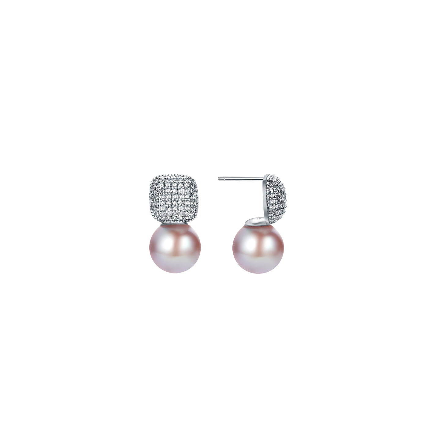 Pair of earrings with pink pearls and silver cube gemstone accents on a white background