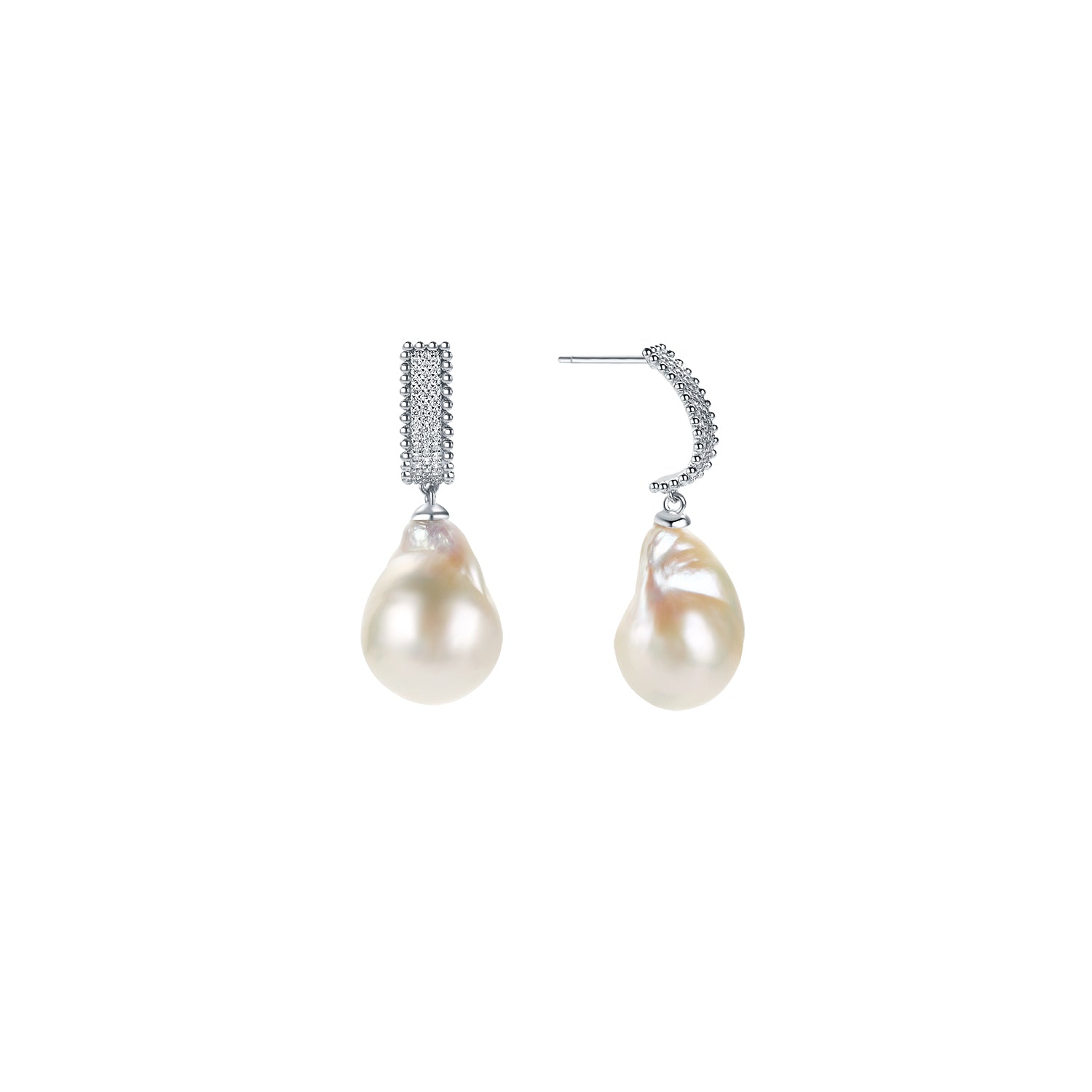 Pearl earrings with silver hooks on a white background