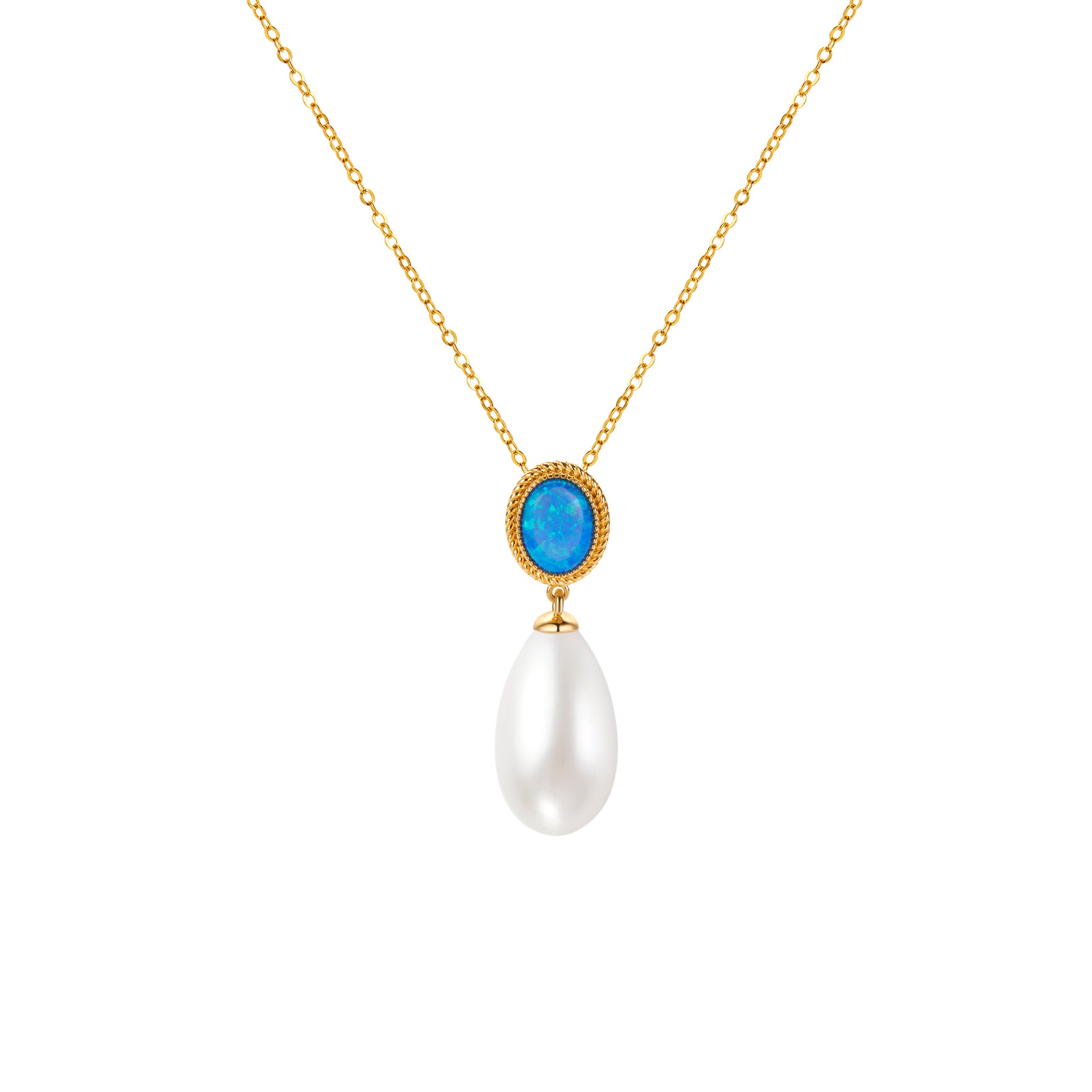 Gold necklace with a blue gemstone and pearl pendant on a white background