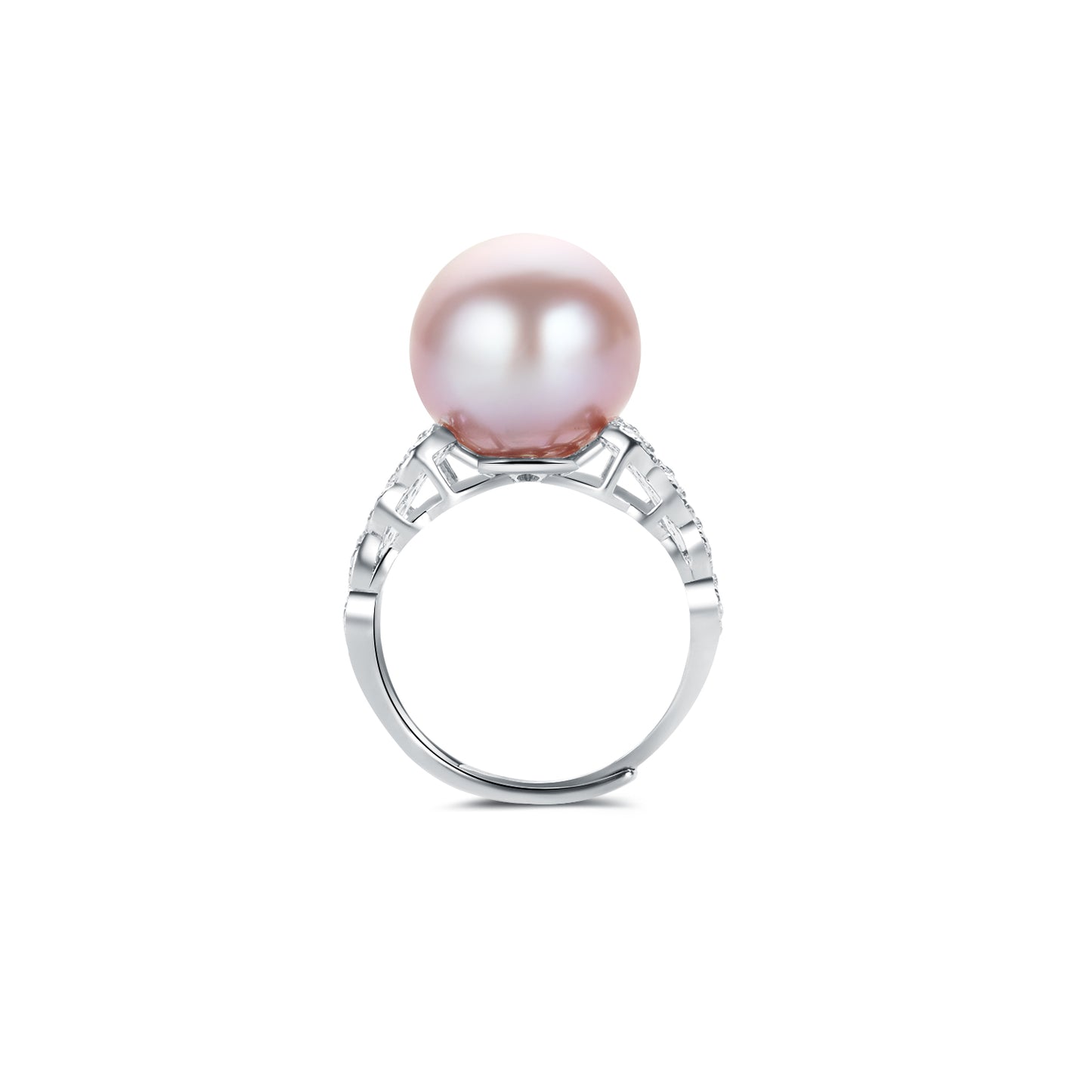 Pearl ring with gemstone accents on a white background