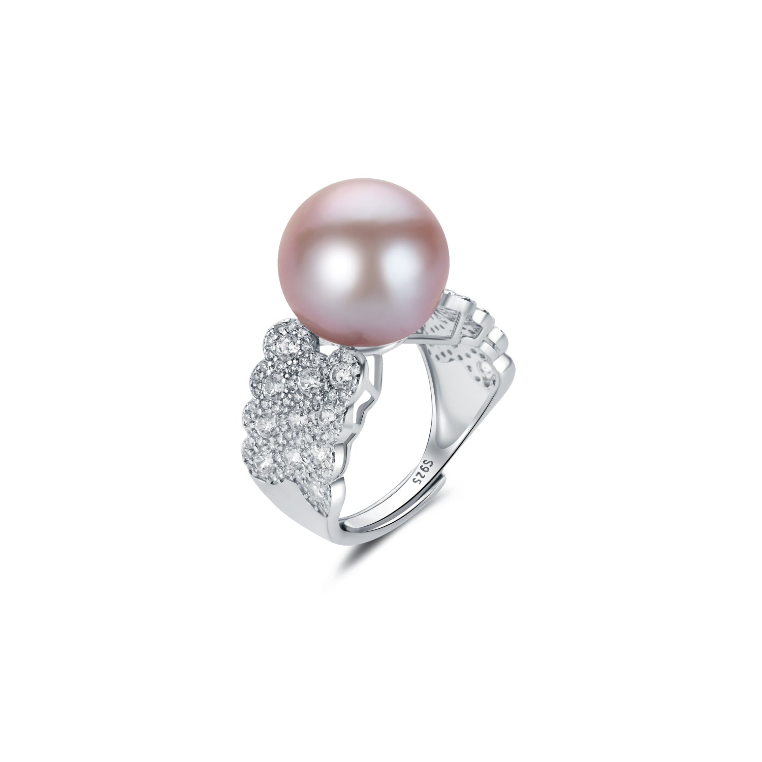 Pearl ring with silver band on a white background