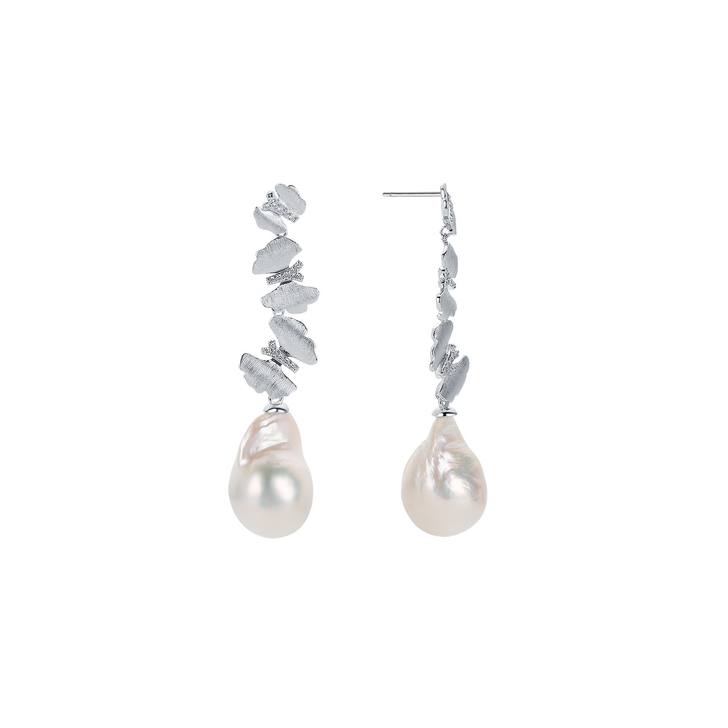 Pearl and silver drop earrings with butterflies accent on a white background