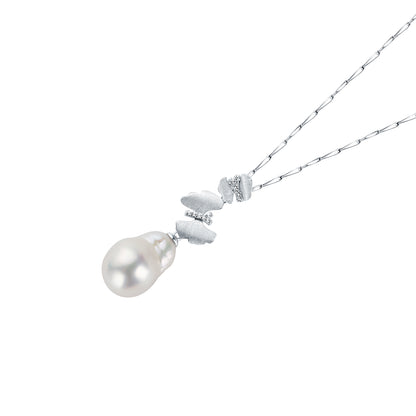Pearl necklace with butterflies on a silver chain on a white background