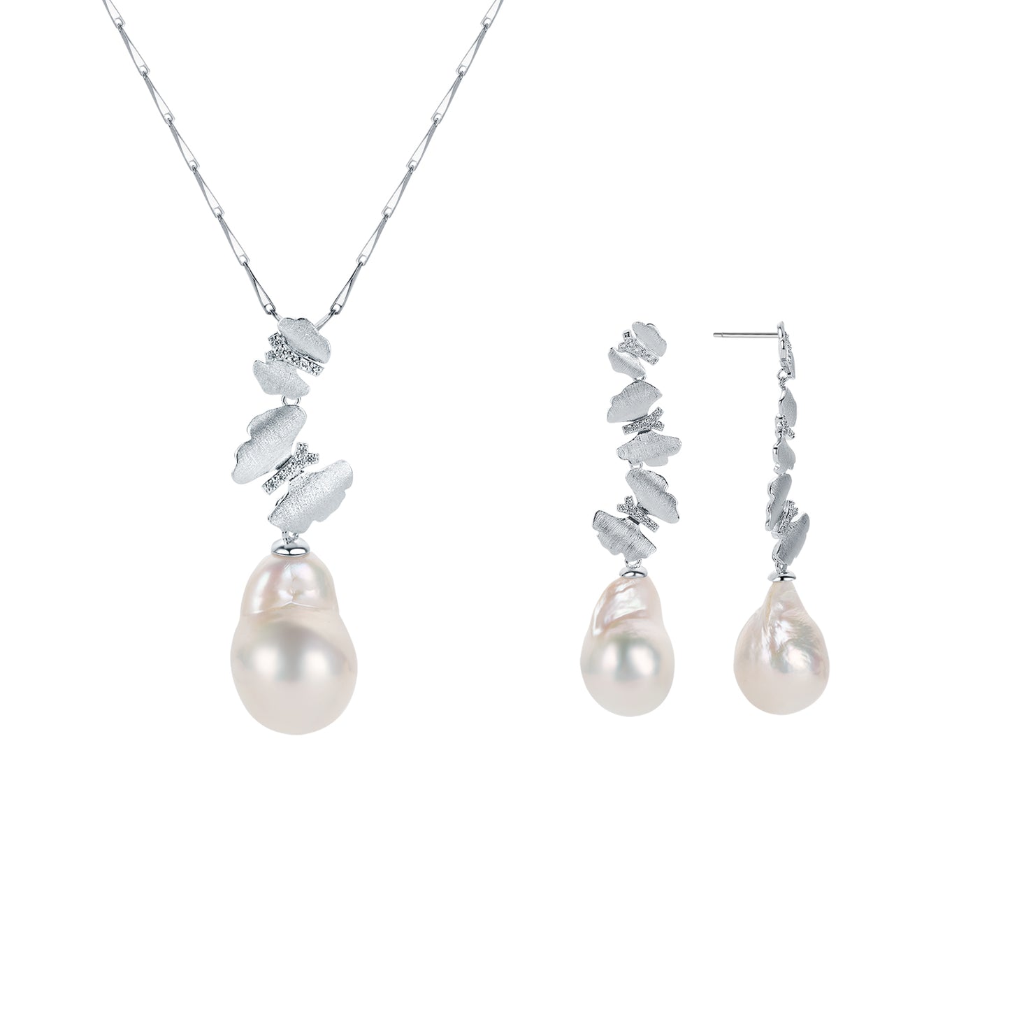 Pearl necklace and earrings set with butterflies accent on a white background