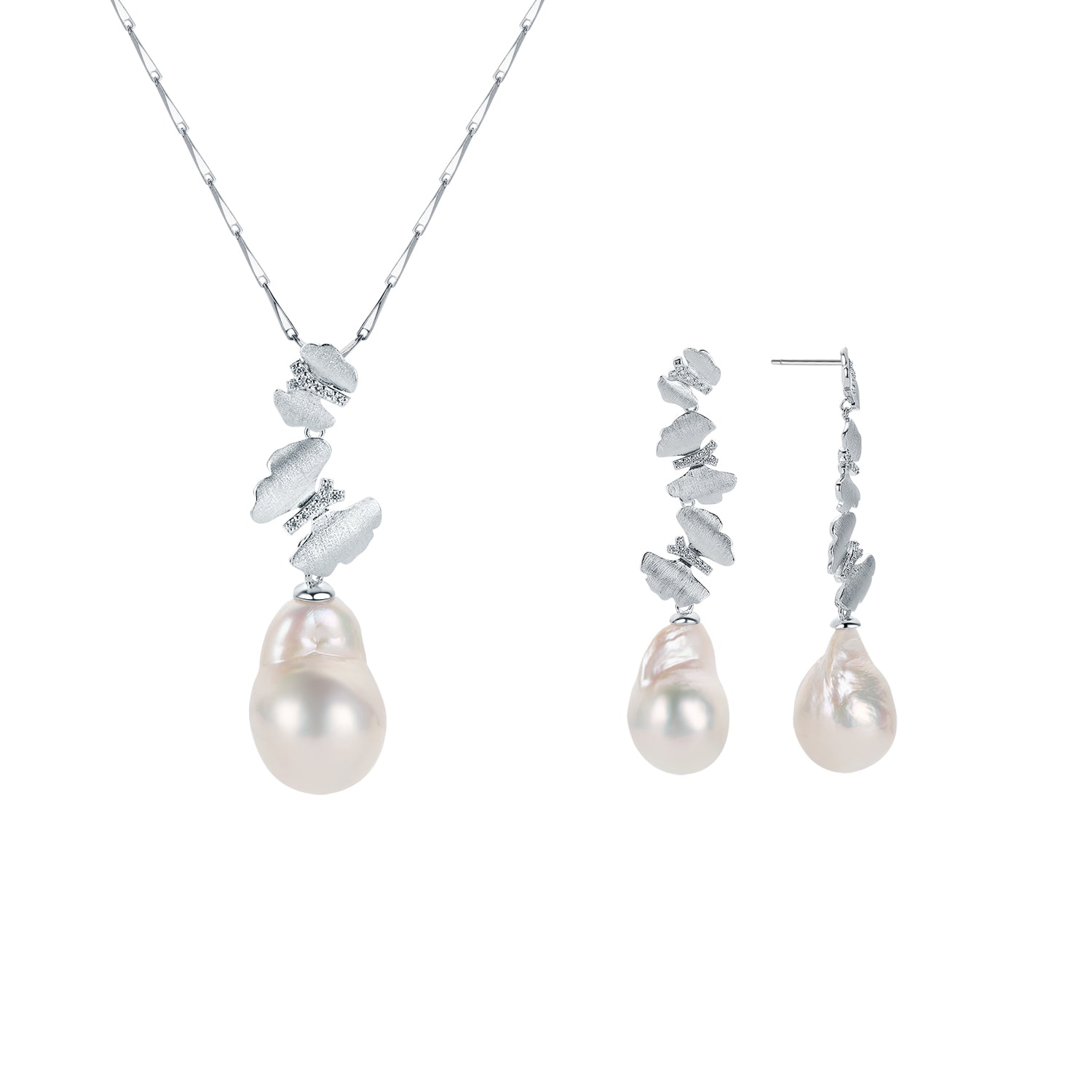 Pearl necklace and earrings set with butterflies accent on a white background
