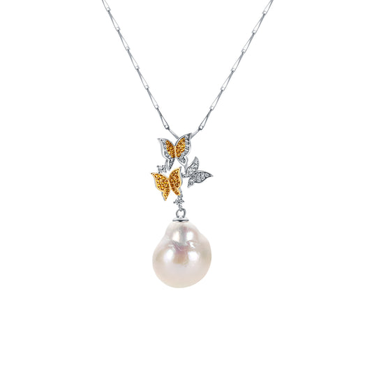 Necklace with a pearl pendant and butterfly-shaped charms on a white background
