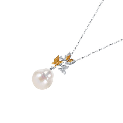 Pearl necklace with butterfly pendants on a white background