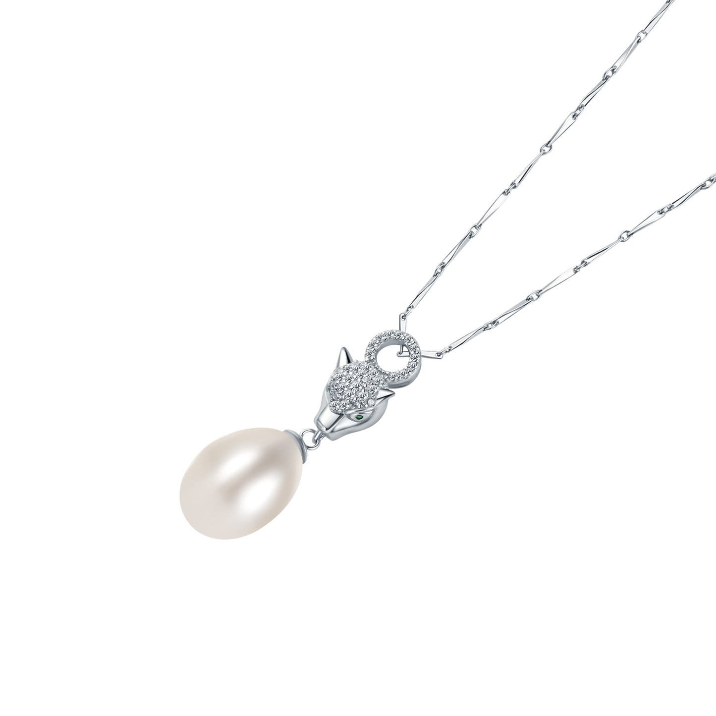 Pearl necklace with silver clasp on a white background
