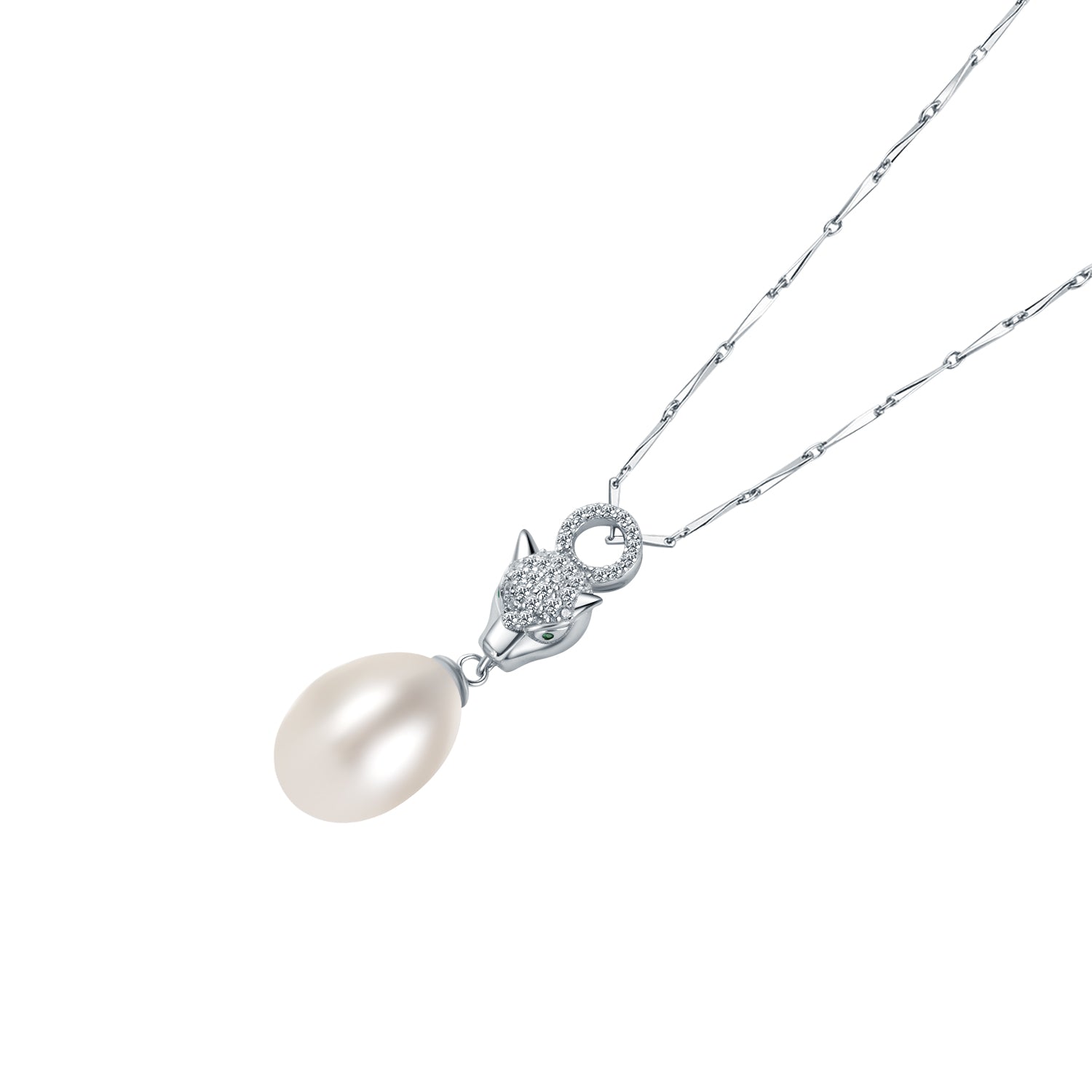 Pearl necklace with silver clasp on a white background