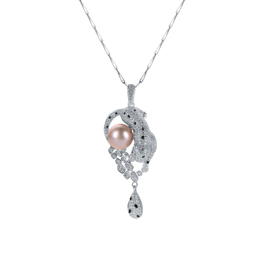 Silver leopard necklace with a pink pearl pendant on a white background