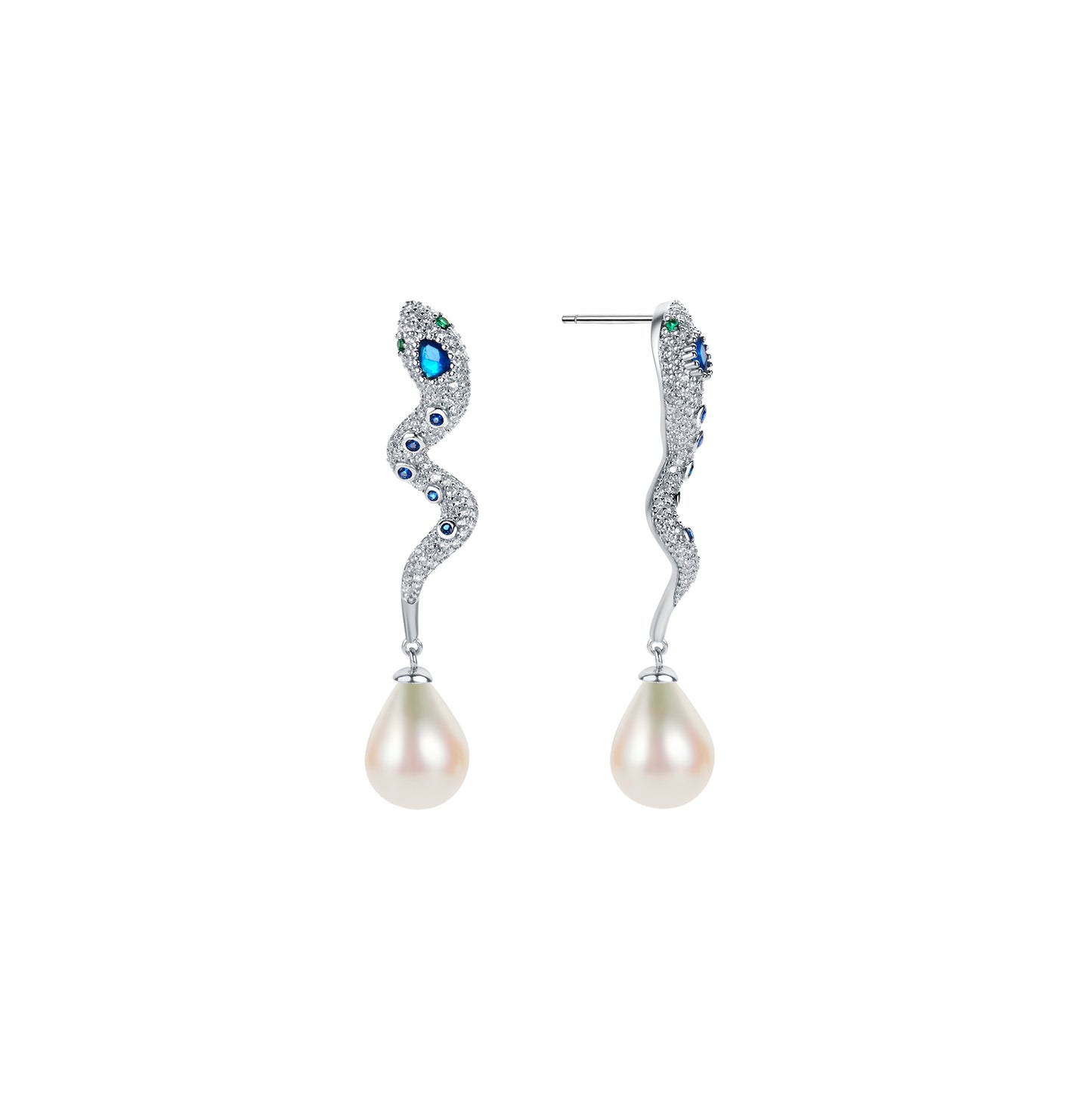 Pair of pearl earrings with silver and gemstone accents and snake animal on a white background