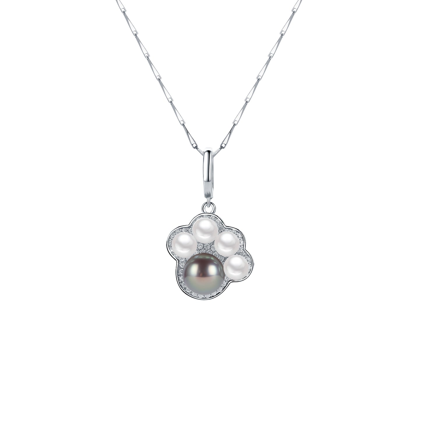 Pearl necklace with a silver clasp on a white background