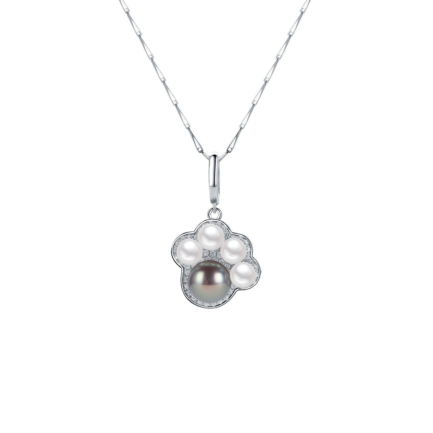 Pearl necklace with a silver clasp on a white background