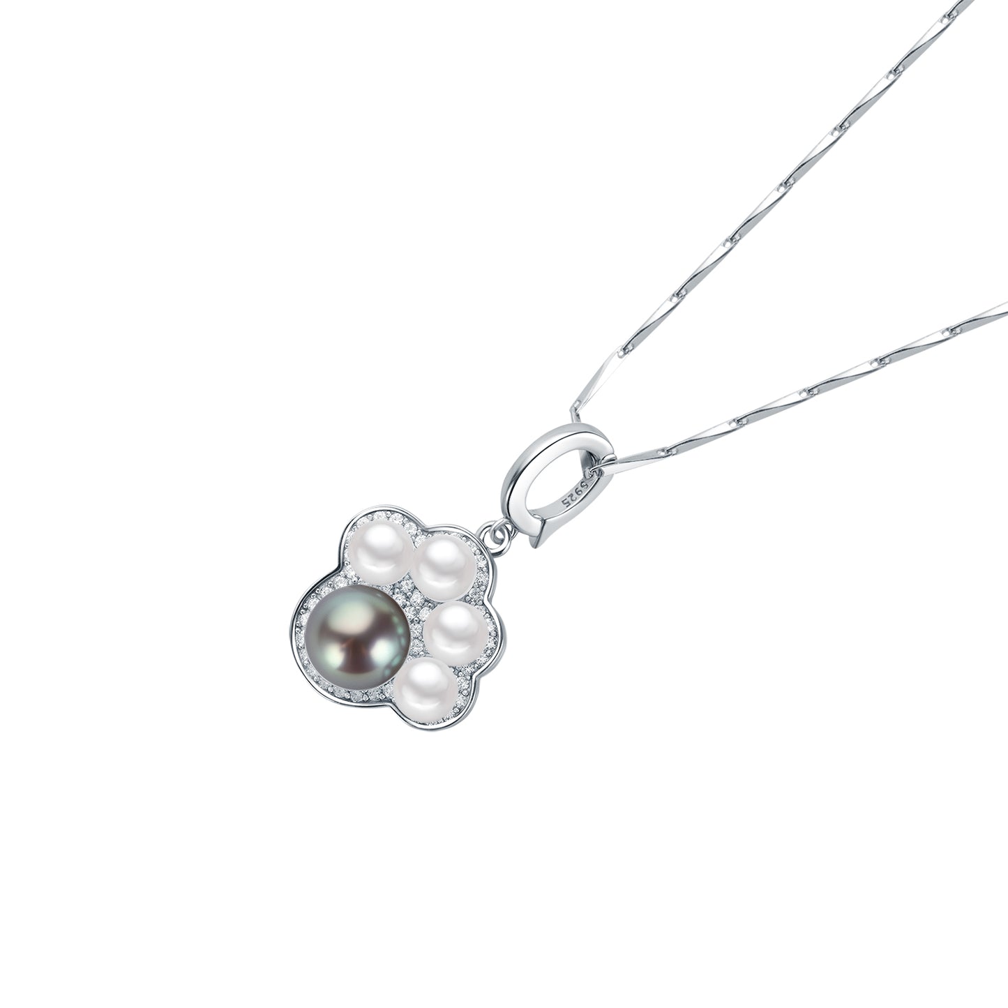Pearl necklace with a silver clasp on a white background