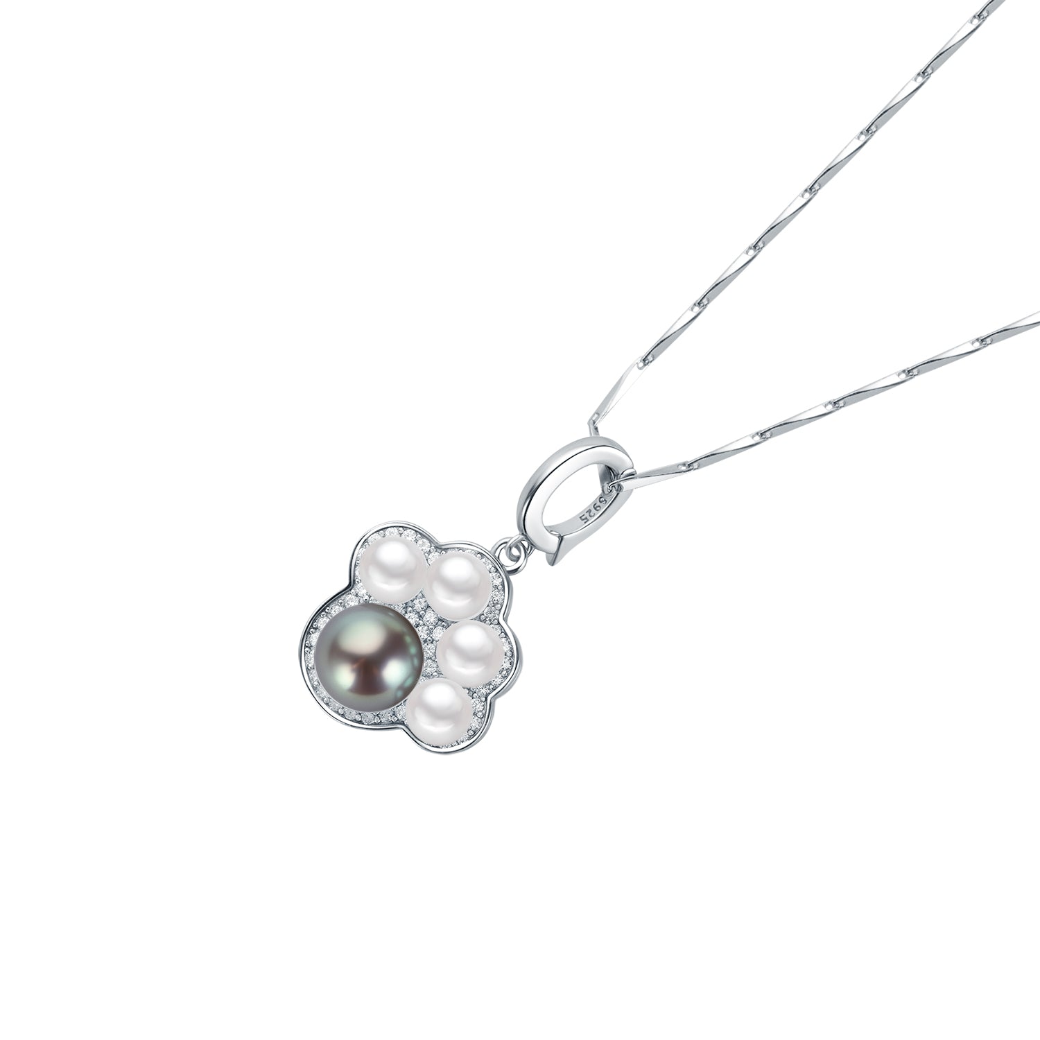 Pearl necklace with a silver clasp on a white background