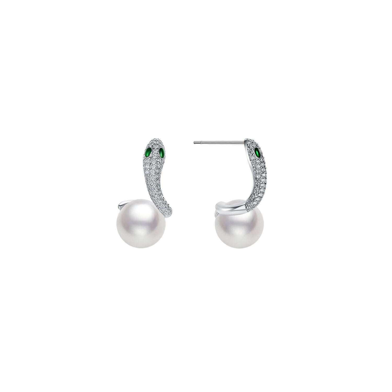 Pair of pearl earrings with silver and green accents snake animal on a white background