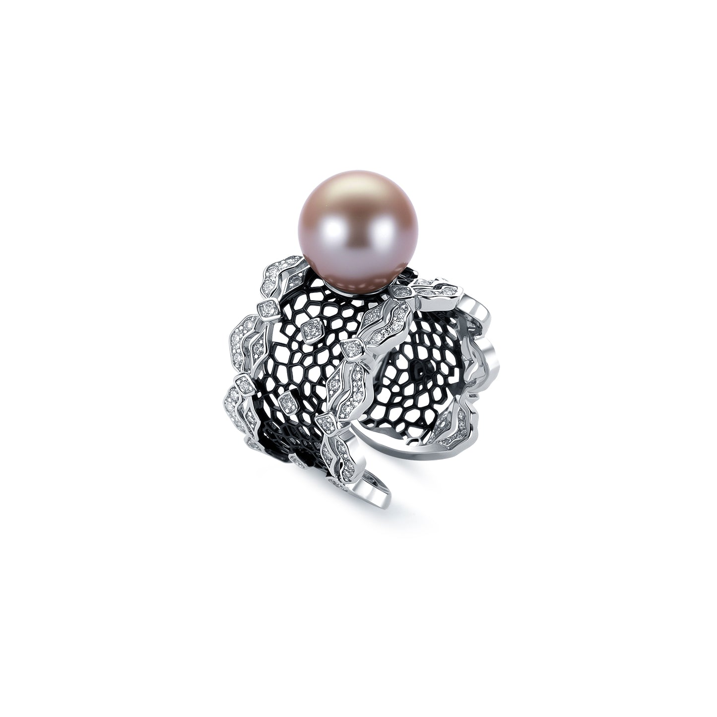 Pearl ring with intricate silver design on a white background