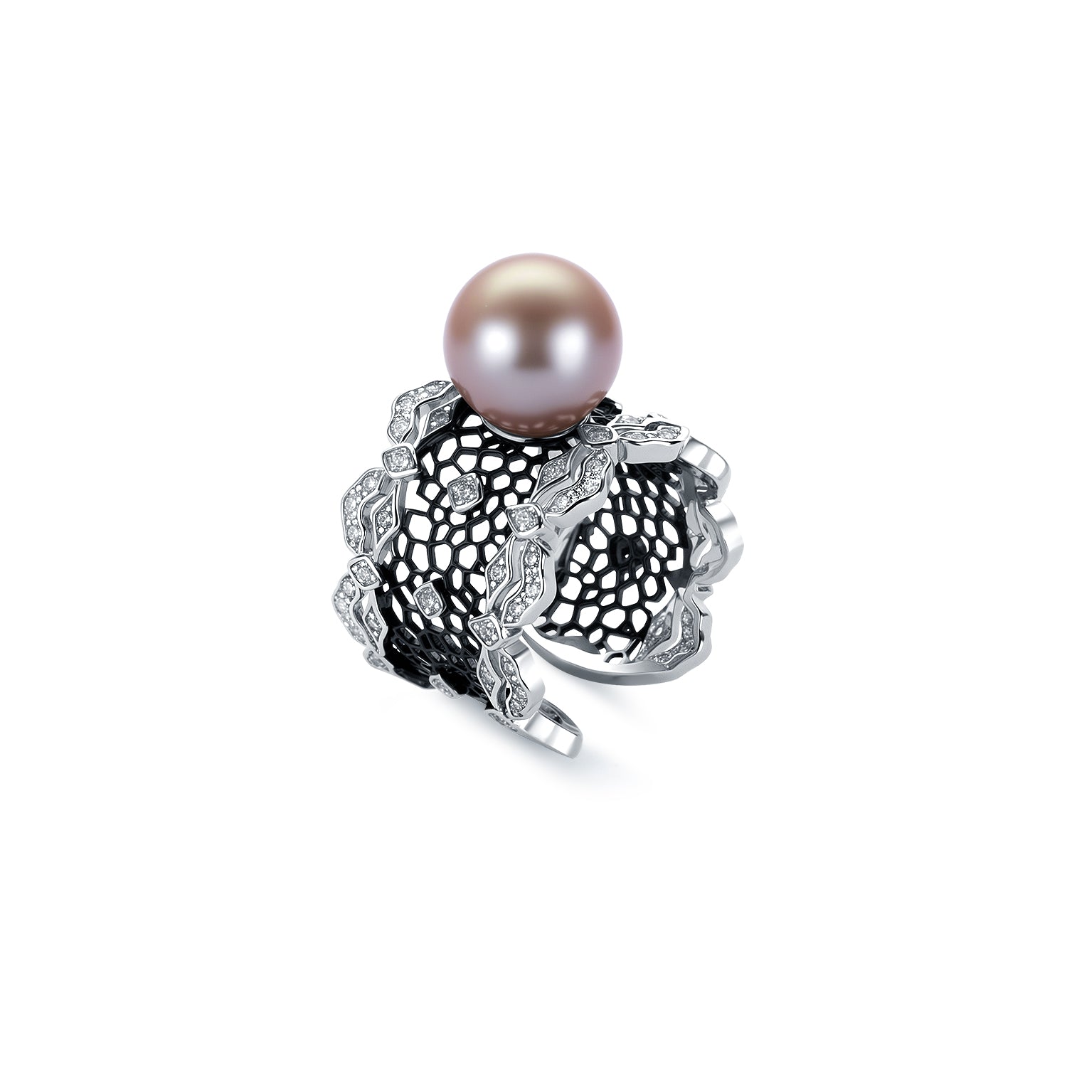 Pearl ring with intricate silver design on a white background