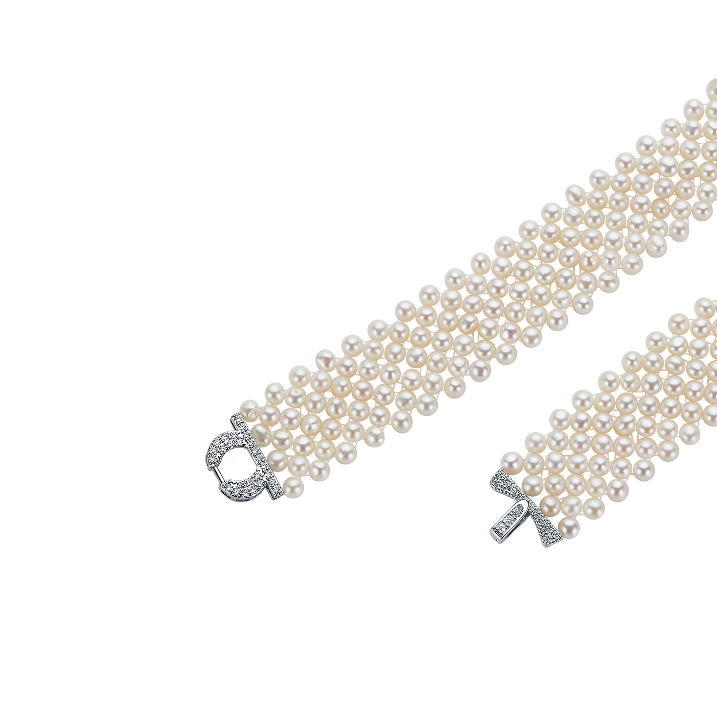 Pearl bracelet with silver clasp close up detail image on a white background