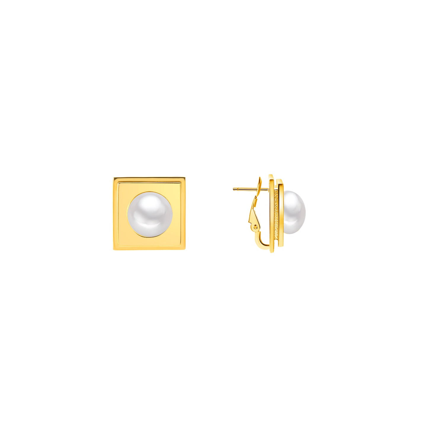 Gold square earrings with pearl centers on a white background