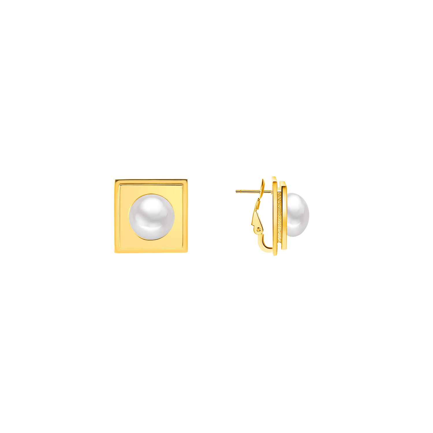 Gold square earrings with pearl centers on a white background
