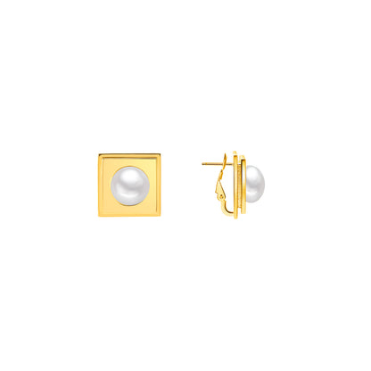 Gold square earrings with pearl centers on a white background