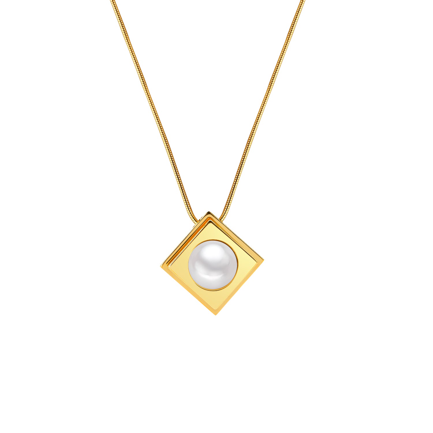 Gold necklace with a square pendant featuring a pearl on a white background