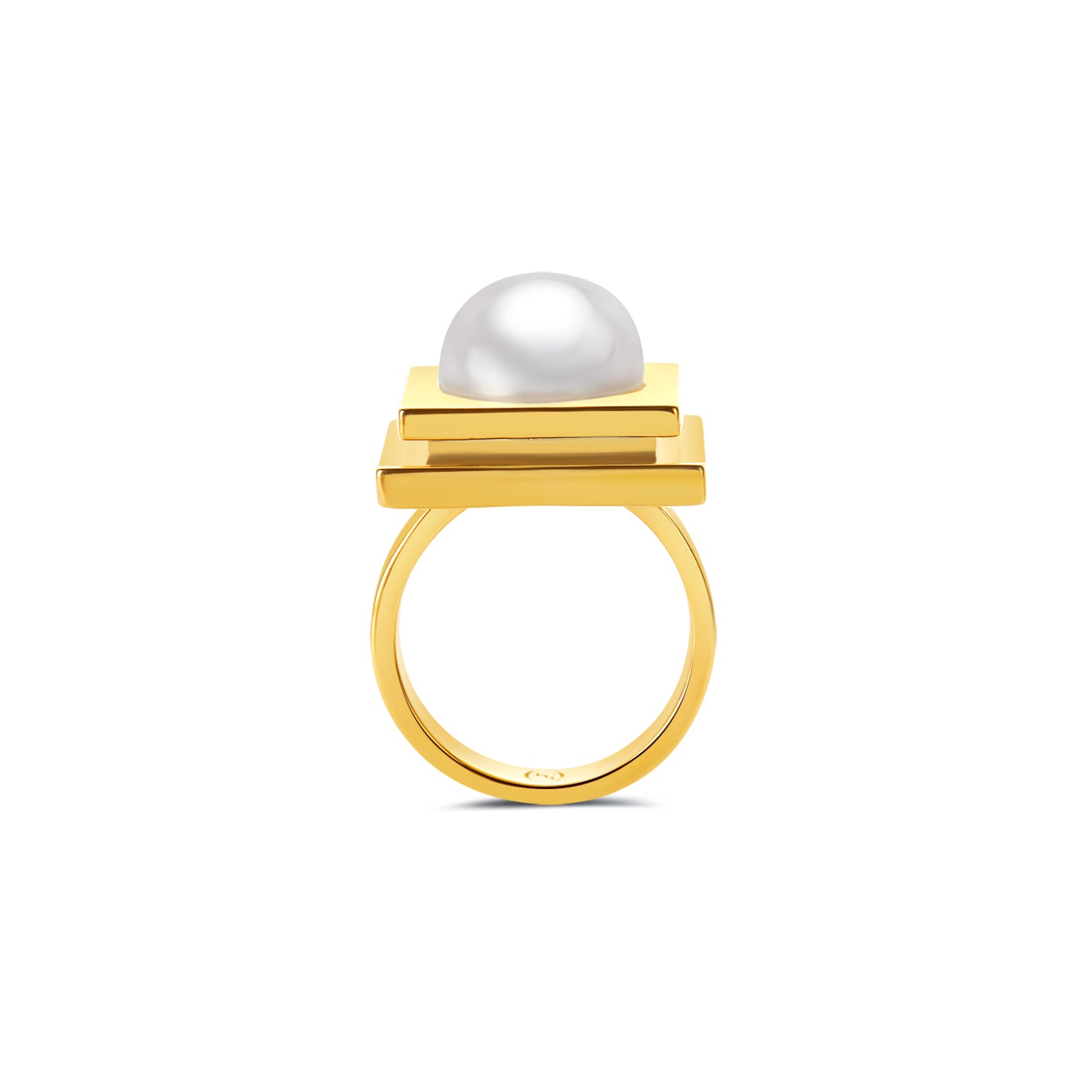 Gold ring with a pearl on a white background