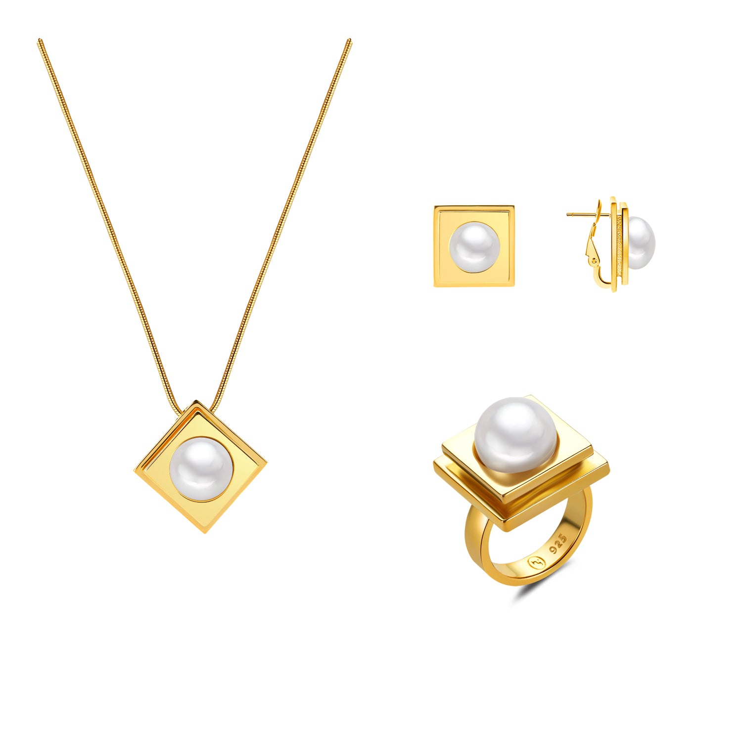 Gold jewelry set with pearls including a necklace, ring, and earrings on a white background.