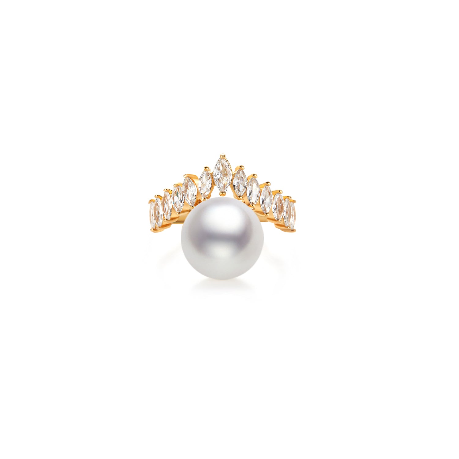Pearl ring with gold and gemstone accents on a white background